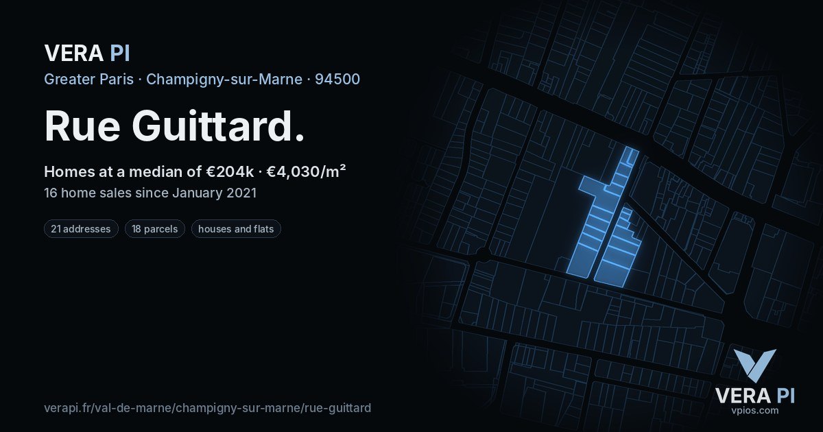 Rue Guittard, Champigny-sur-Marne at night – every parcel coloured by the prices around it, the street's own parcels lit