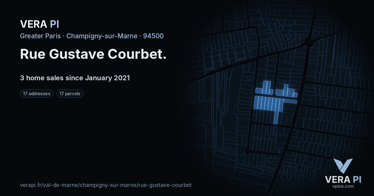 Rue Gustave Courbet, Champigny-sur-Marne at night – every parcel coloured by the prices around it, the street's own parcels lit