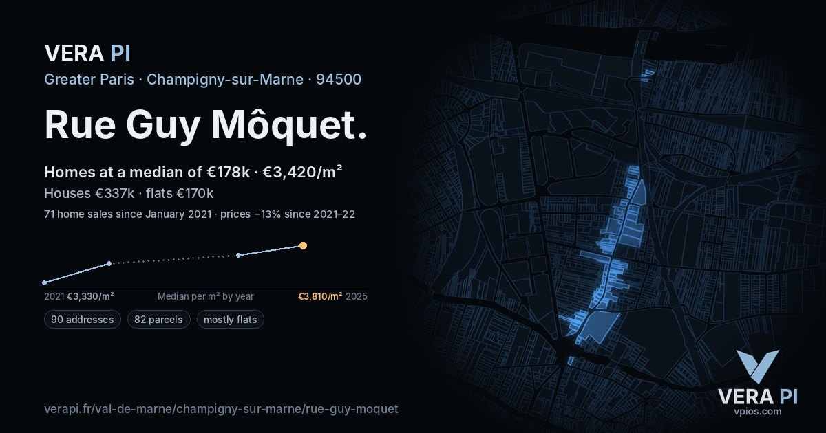Rue Guy Môquet, Champigny-sur-Marne at night – every parcel coloured by the prices around it, the street's own parcels lit