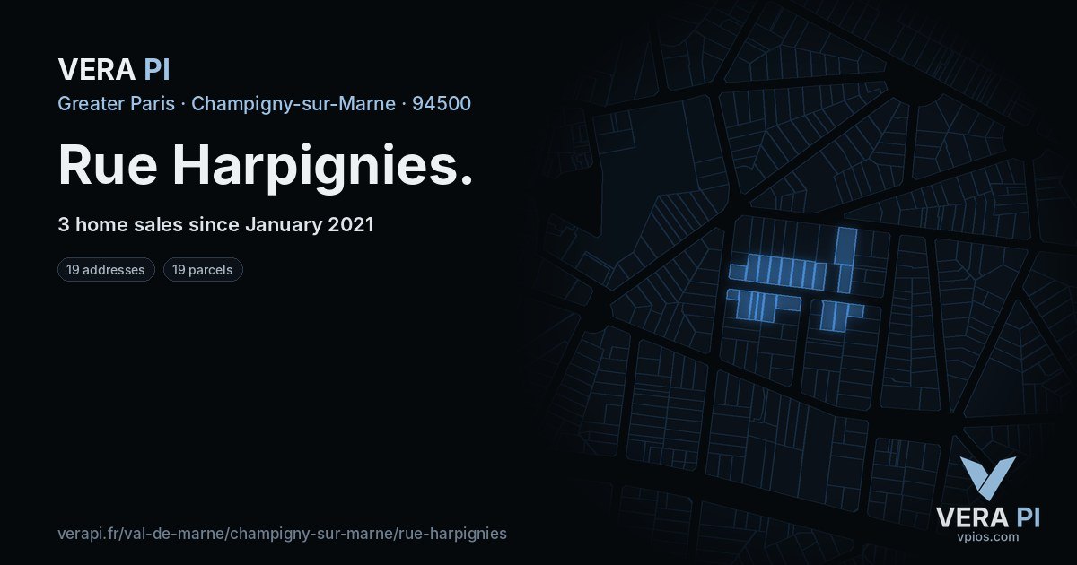 Rue Harpignies, Champigny-sur-Marne at night – every parcel coloured by the prices around it, the street's own parcels lit