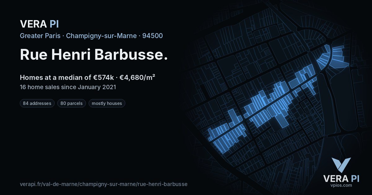 Rue Henri Barbusse, Champigny-sur-Marne at night – every parcel coloured by the prices around it, the street's own parcels lit