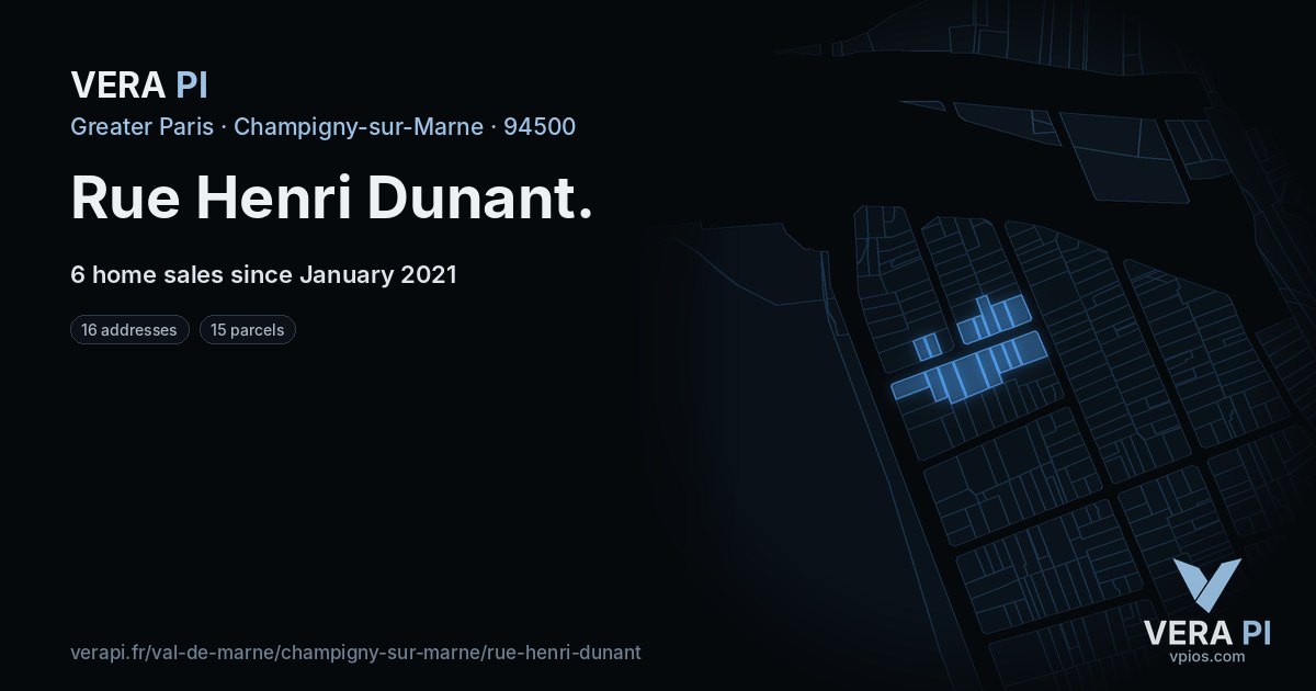 Rue Henri Dunant, Champigny-sur-Marne at night – every parcel coloured by the prices around it, the street's own parcels lit