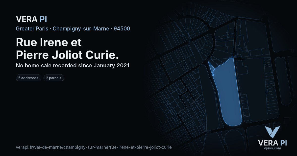 Rue Irene et Pierre Joliot Curie, Champigny-sur-Marne at night – every parcel coloured by the prices around it, the street's own parcels lit