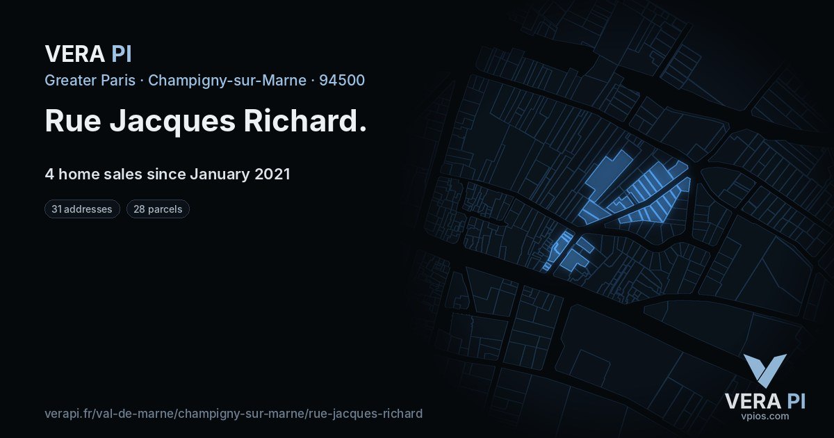 Rue Jacques Richard, Champigny-sur-Marne at night – every parcel coloured by the prices around it, the street's own parcels lit