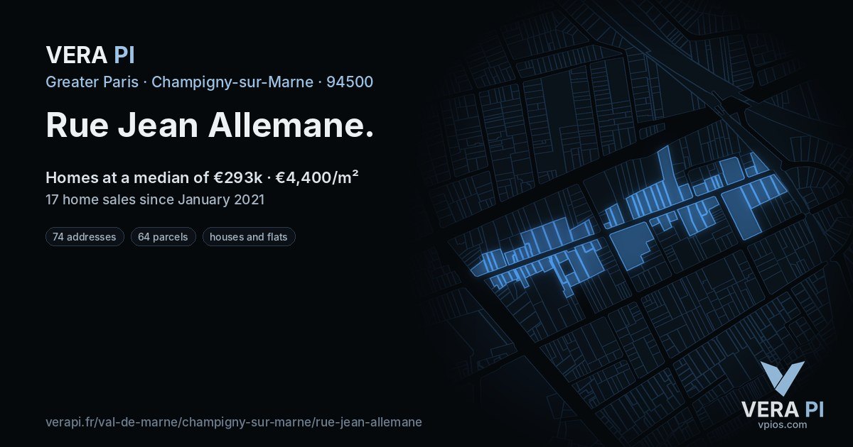 Rue Jean Allemane, Champigny-sur-Marne at night – every parcel coloured by the prices around it, the street's own parcels lit