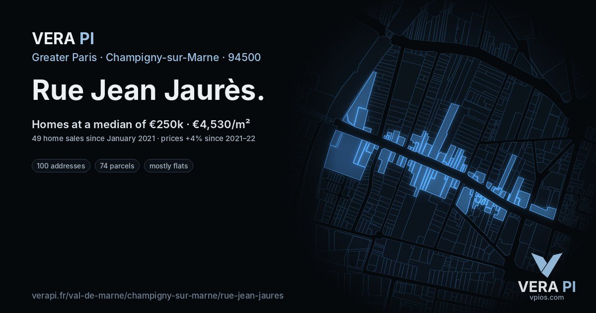 Rue Jean Jaurès, Champigny-sur-Marne at night – every parcel coloured by the prices around it, the street's own parcels lit