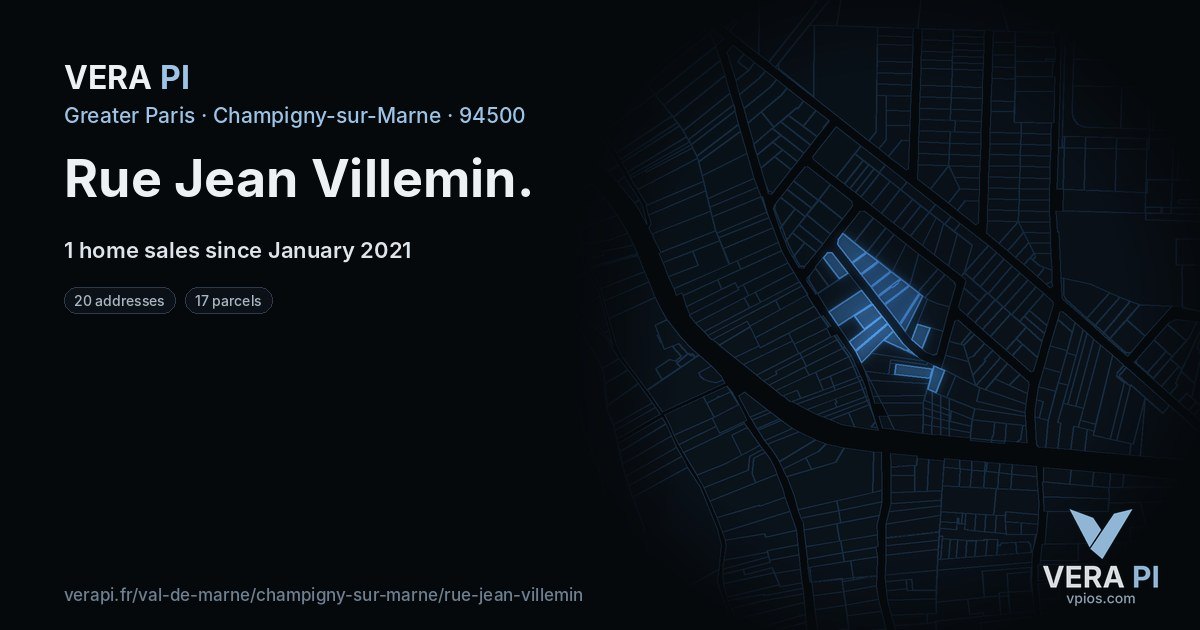Rue Jean Villemin, Champigny-sur-Marne at night – every parcel coloured by the prices around it, the street's own parcels lit