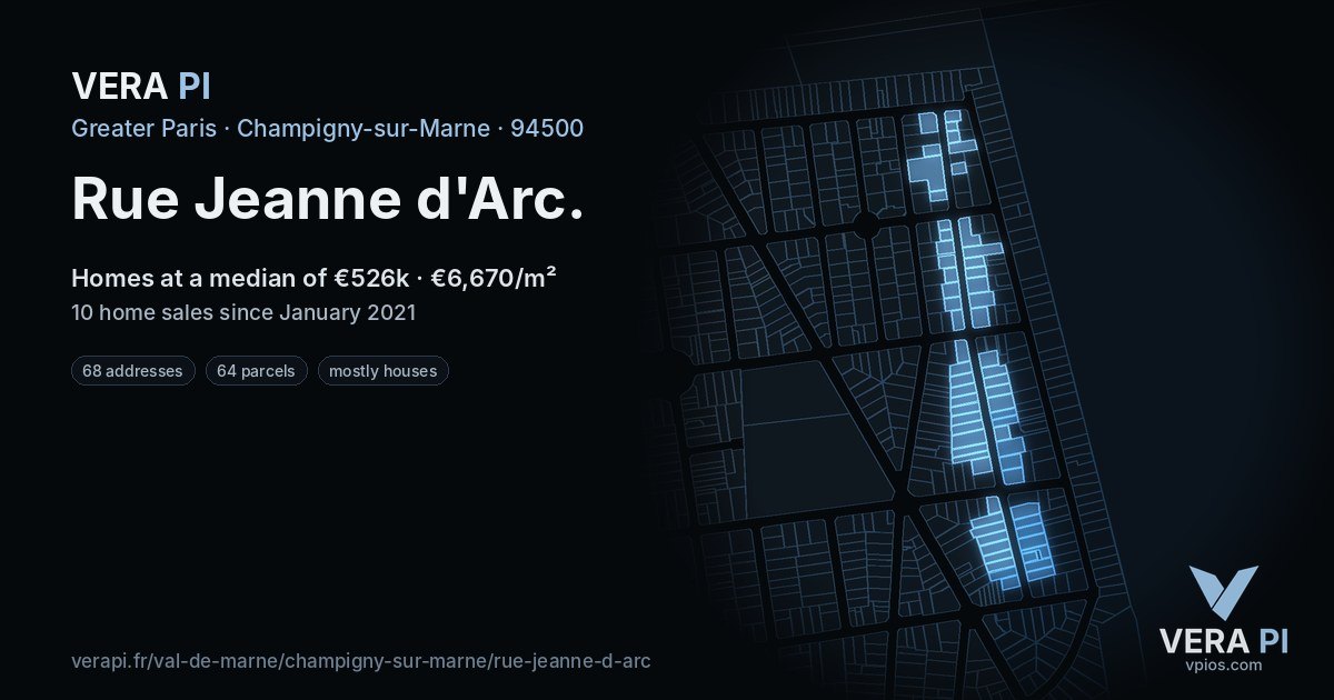 Rue Jeanne d'Arc, Champigny-sur-Marne at night – every parcel coloured by the prices around it, the street's own parcels lit