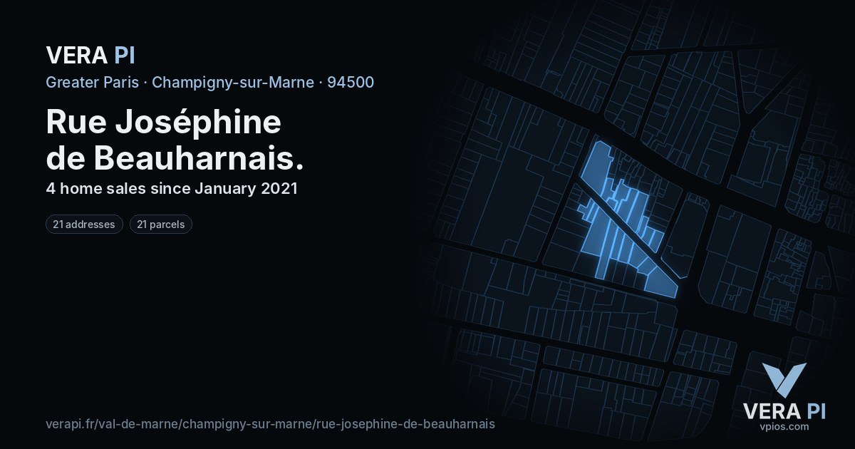 Rue Joséphine de Beauharnais, Champigny-sur-Marne at night – every parcel coloured by the prices around it, the street's own parcels lit