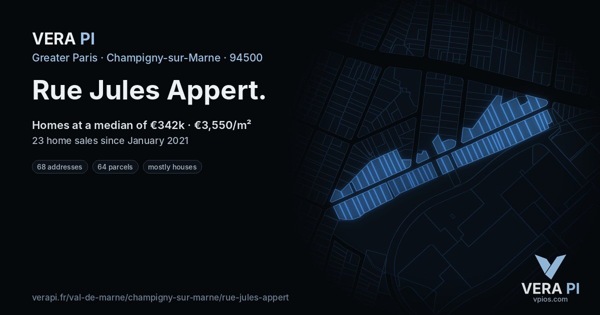 Rue Jules Appert, Champigny-sur-Marne at night – every parcel coloured by the prices around it, the street's own parcels lit