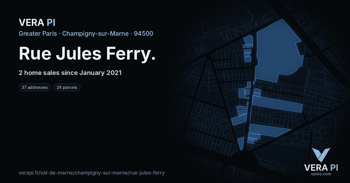 Rue Jules Ferry, Champigny-sur-Marne at night – every parcel coloured by the prices around it, the street's own parcels lit