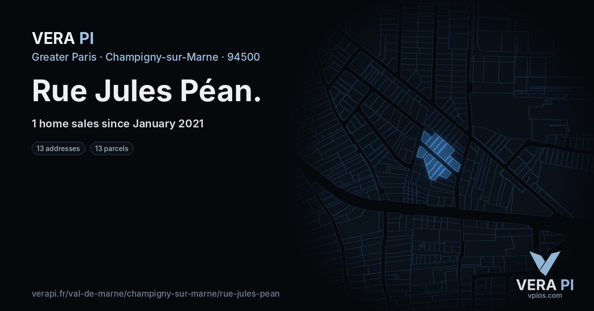 Rue Jules Péan, Champigny-sur-Marne at night – every parcel coloured by the prices around it, the street's own parcels lit