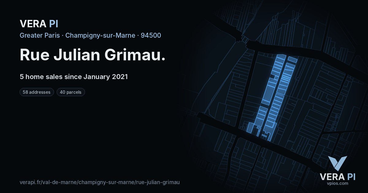 Rue Julian Grimau, Champigny-sur-Marne at night – every parcel coloured by the prices around it, the street's own parcels lit