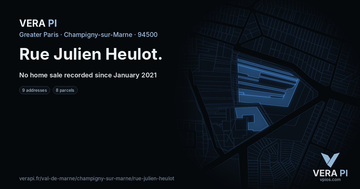 Rue Julien Heulot, Champigny-sur-Marne at night – every parcel coloured by the prices around it, the street's own parcels lit