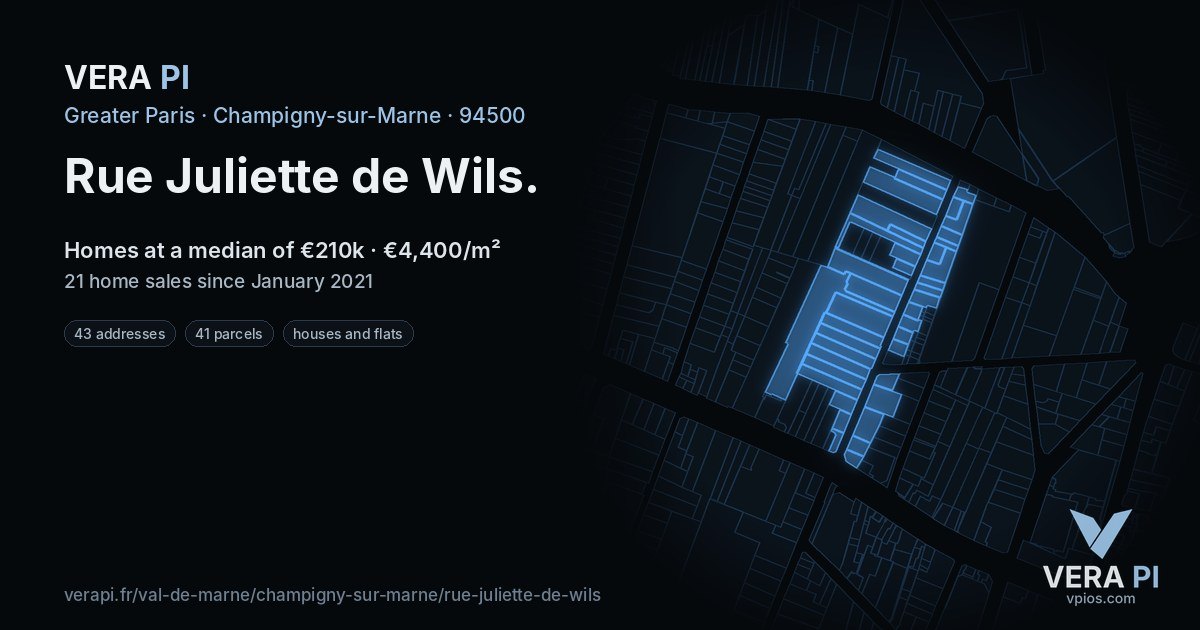 Rue Juliette de Wils, Champigny-sur-Marne at night – every parcel coloured by the prices around it, the street's own parcels lit