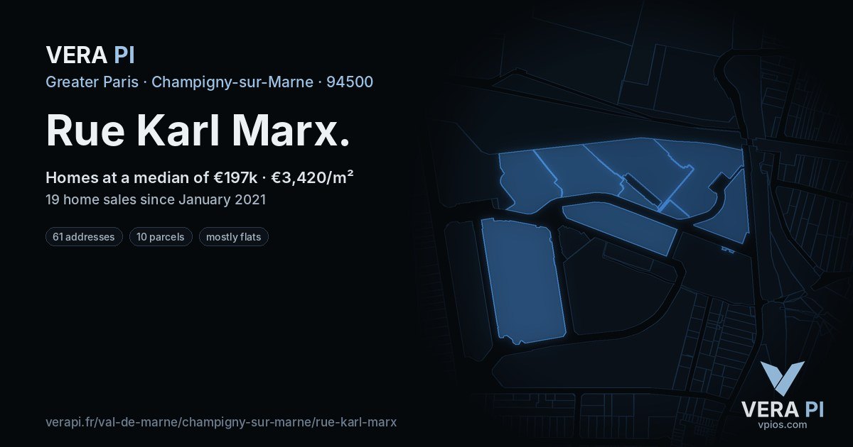 Rue Karl Marx, Champigny-sur-Marne at night – every parcel coloured by the prices around it, the street's own parcels lit