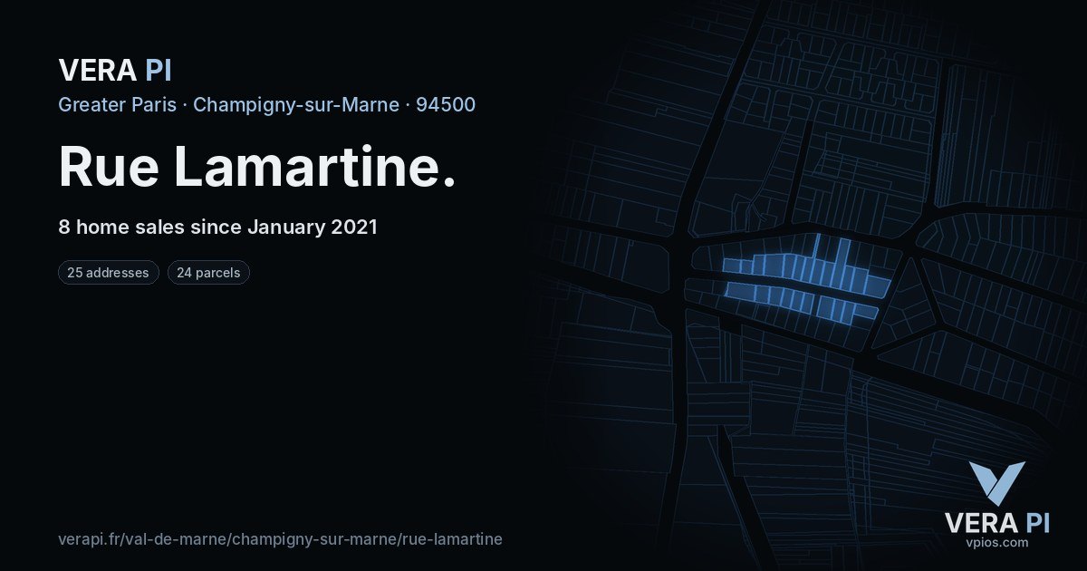 Rue Lamartine, Champigny-sur-Marne at night – every parcel coloured by the prices around it, the street's own parcels lit