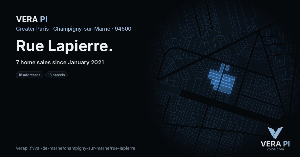 Rue Lapierre, Champigny-sur-Marne at night – every parcel coloured by the prices around it, the street's own parcels lit