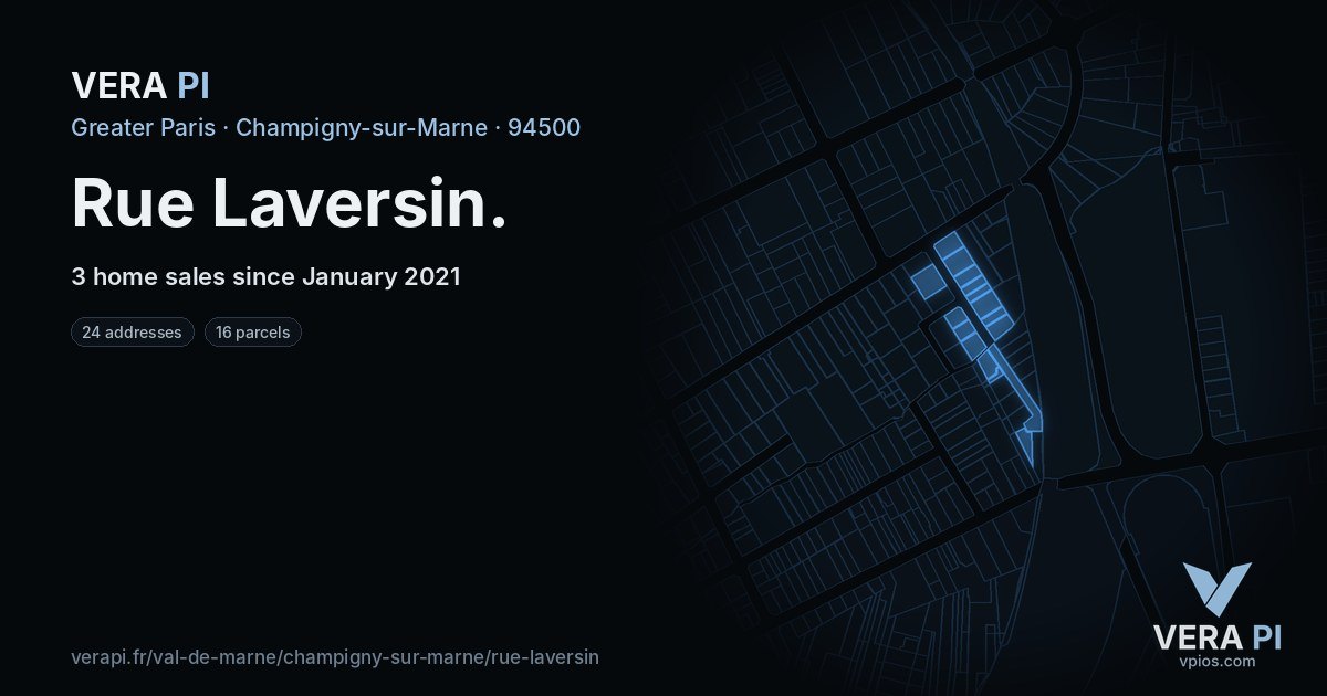Rue Laversin, Champigny-sur-Marne at night – every parcel coloured by the prices around it, the street's own parcels lit