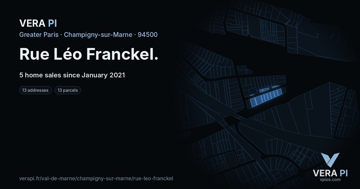 Rue Léo Franckel, Champigny-sur-Marne at night – every parcel coloured by the prices around it, the street's own parcels lit