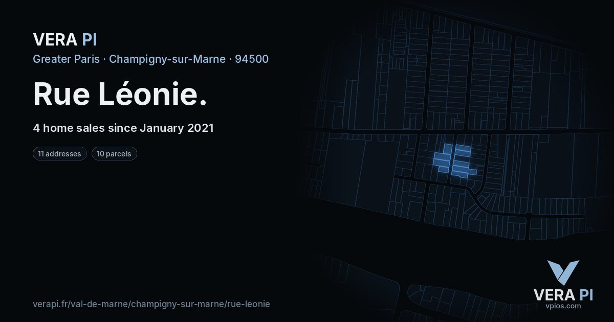 Rue Léonie, Champigny-sur-Marne at night – every parcel coloured by the prices around it, the street's own parcels lit