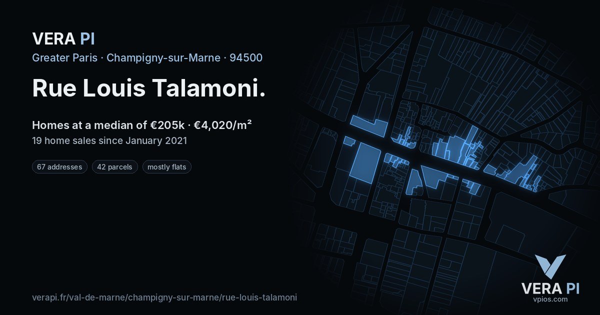 Rue Louis Talamoni, Champigny-sur-Marne at night – every parcel coloured by the prices around it, the street's own parcels lit