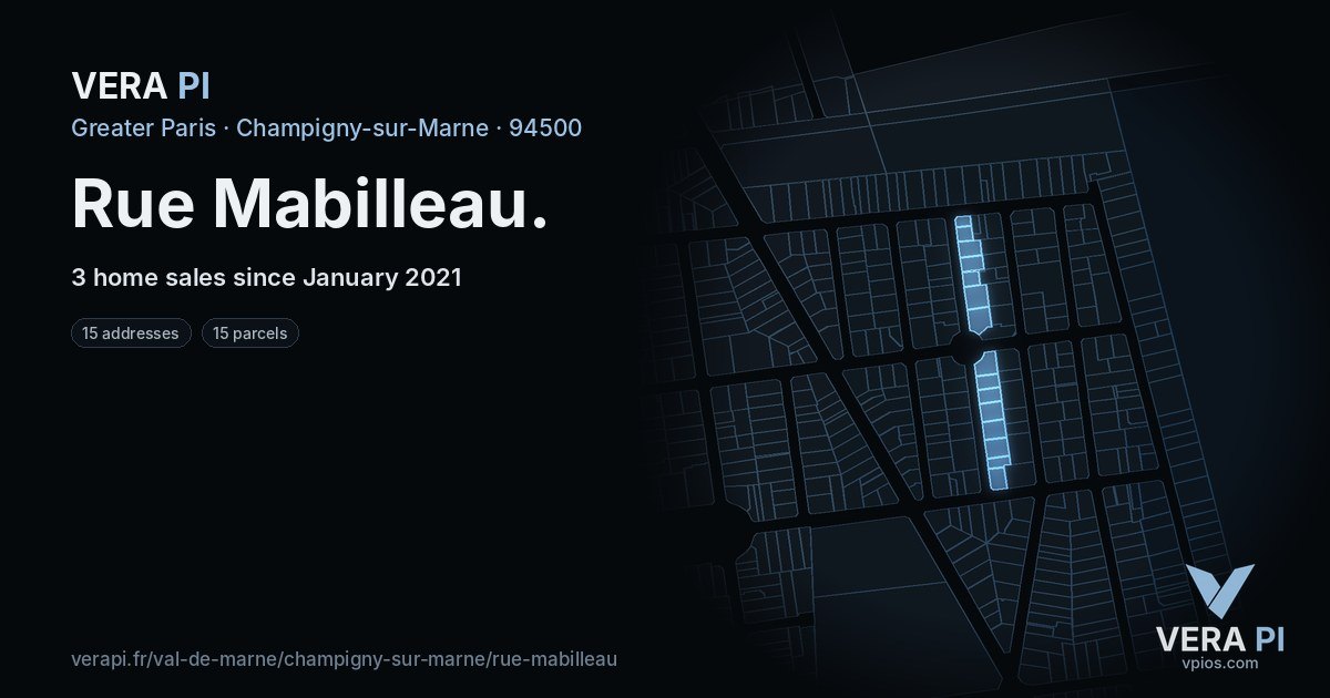 Rue Mabilleau, Champigny-sur-Marne at night – every parcel coloured by the prices around it, the street's own parcels lit
