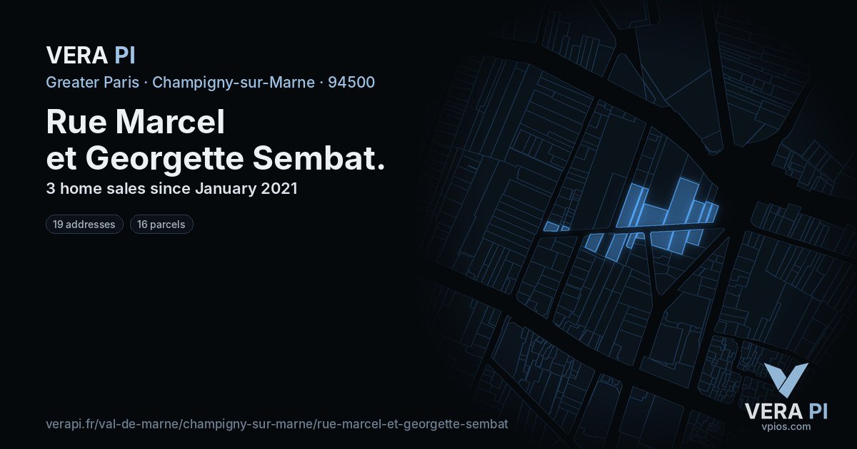 Rue Marcel et Georgette Sembat, Champigny-sur-Marne at night – every parcel coloured by the prices around it, the street's own parcels lit