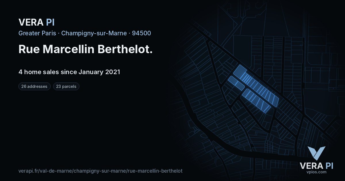 Rue Marcellin Berthelot, Champigny-sur-Marne at night – every parcel coloured by the prices around it, the street's own parcels lit