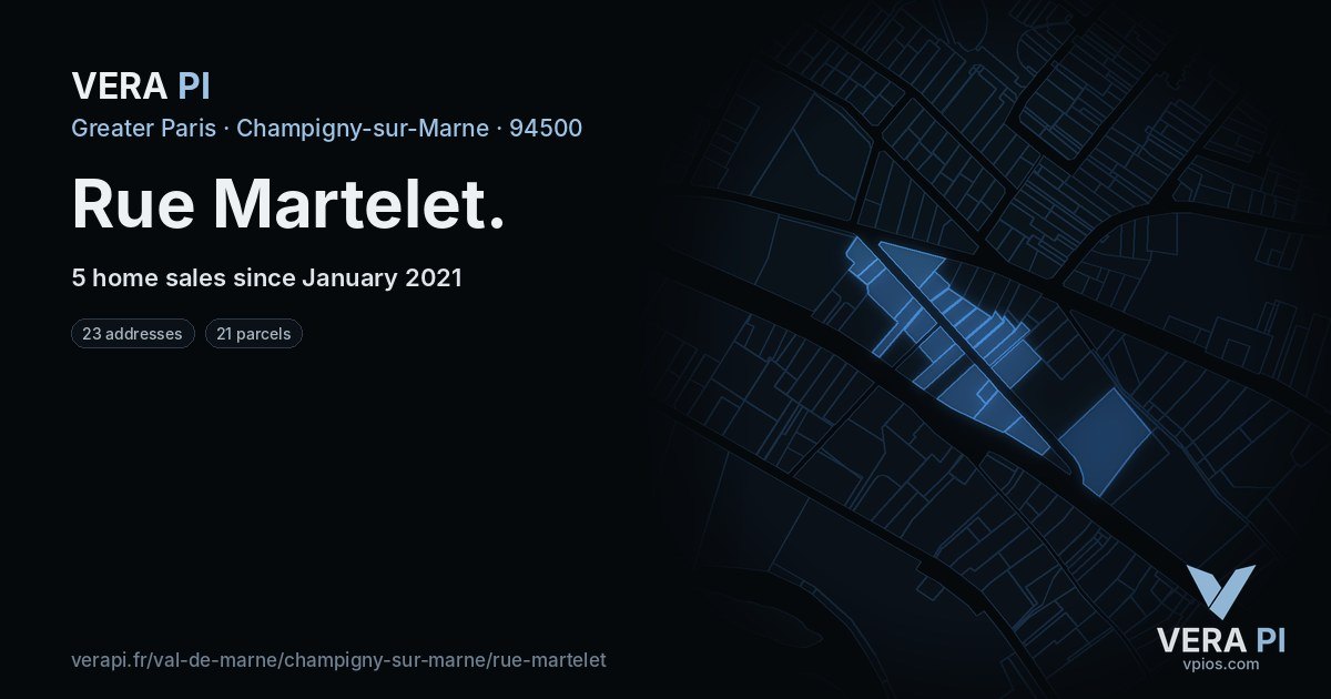 Rue Martelet, Champigny-sur-Marne at night – every parcel coloured by the prices around it, the street's own parcels lit
