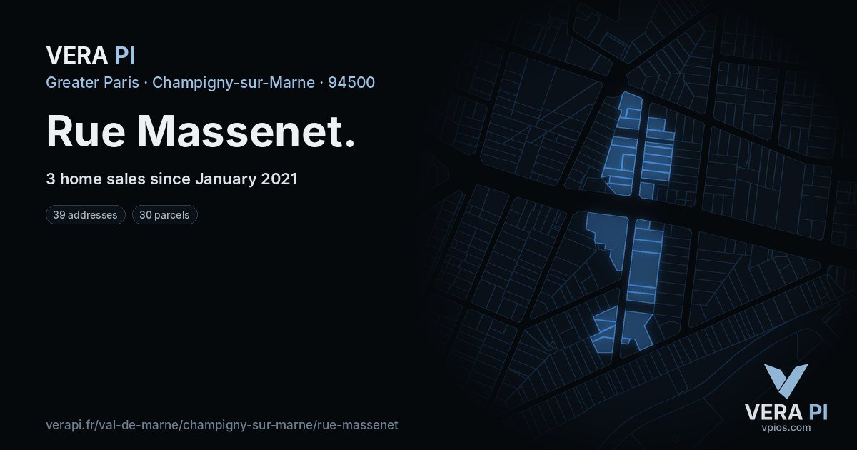 Rue Massenet, Champigny-sur-Marne at night – every parcel coloured by the prices around it, the street's own parcels lit