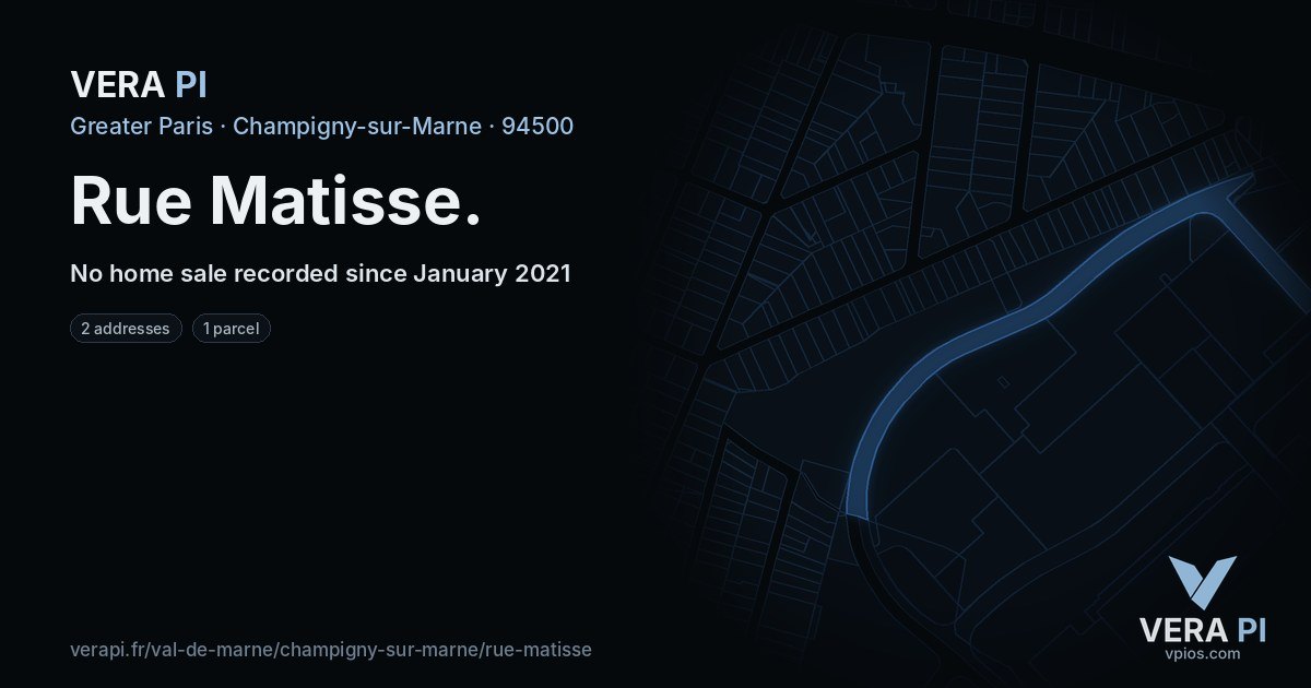 Rue Matisse, Champigny-sur-Marne at night – every parcel coloured by the prices around it, the street's own parcels lit