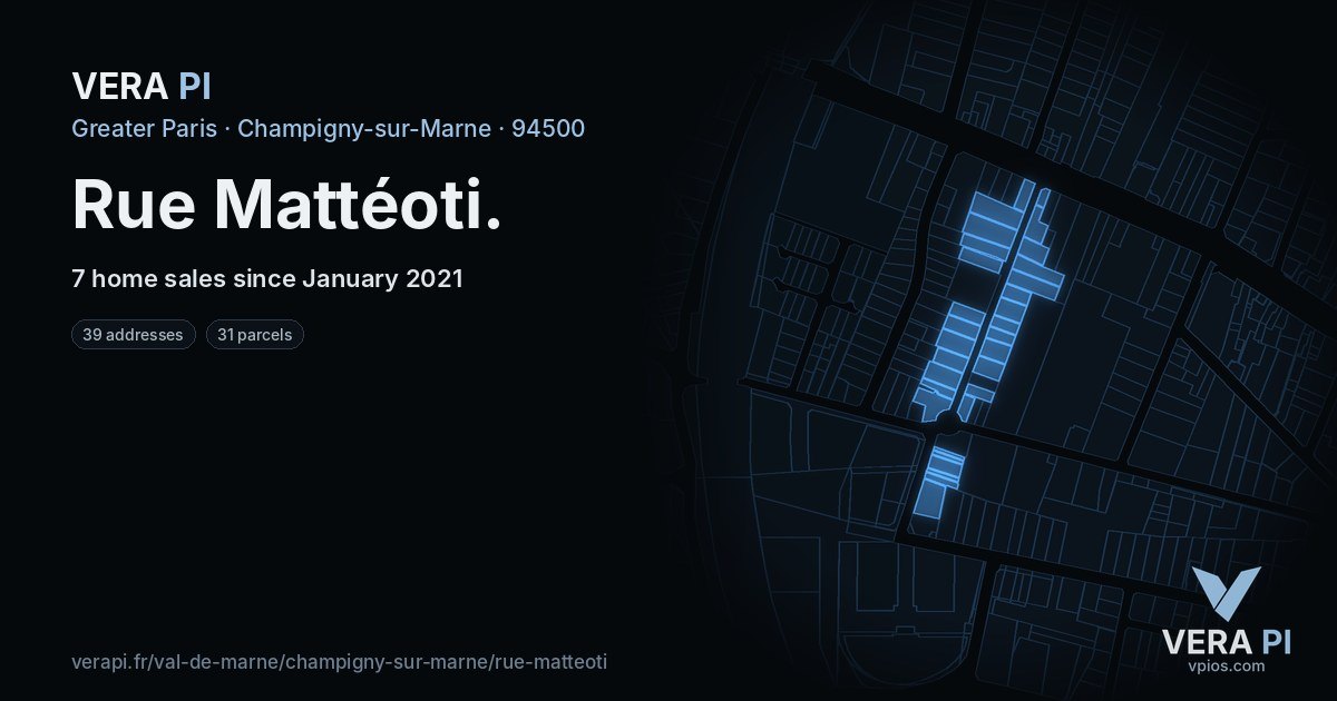 Rue Mattéoti, Champigny-sur-Marne at night – every parcel coloured by the prices around it, the street's own parcels lit