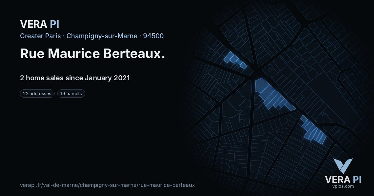 Rue Maurice Berteaux, Champigny-sur-Marne at night – every parcel coloured by the prices around it, the street's own parcels lit