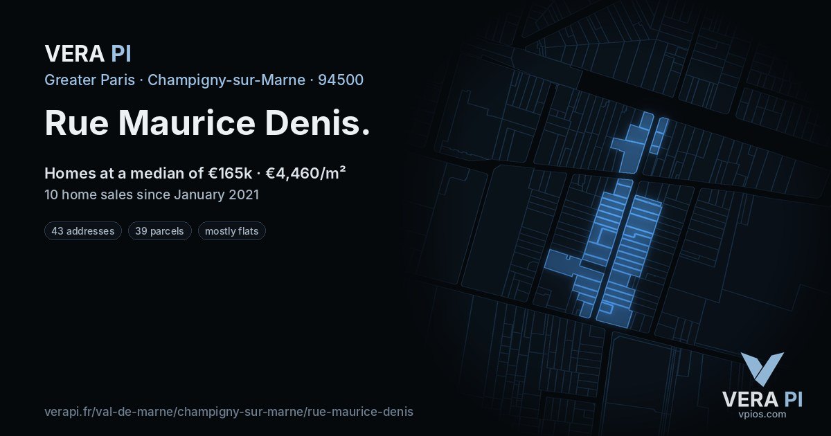 Rue Maurice Denis, Champigny-sur-Marne at night – every parcel coloured by the prices around it, the street's own parcels lit