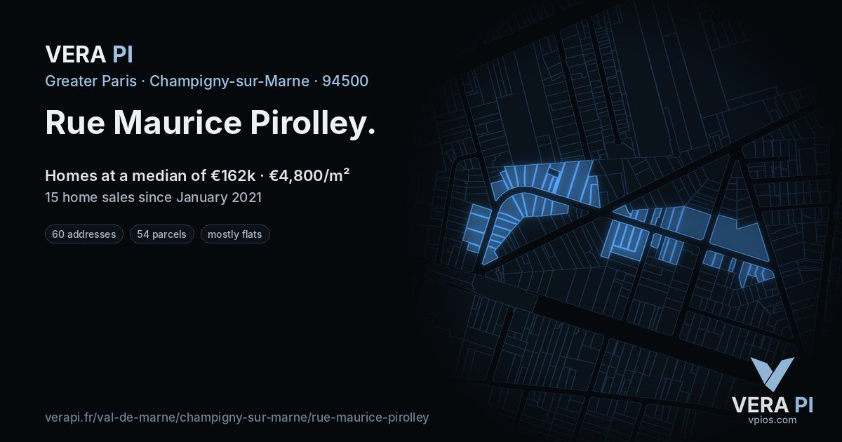 Rue Maurice Pirolley, Champigny-sur-Marne at night – every parcel coloured by the prices around it, the street's own parcels lit