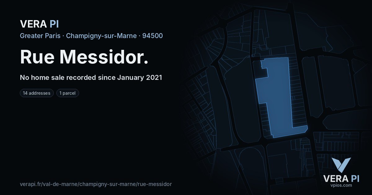 Rue Messidor, Champigny-sur-Marne at night – every parcel coloured by the prices around it, the street's own parcels lit