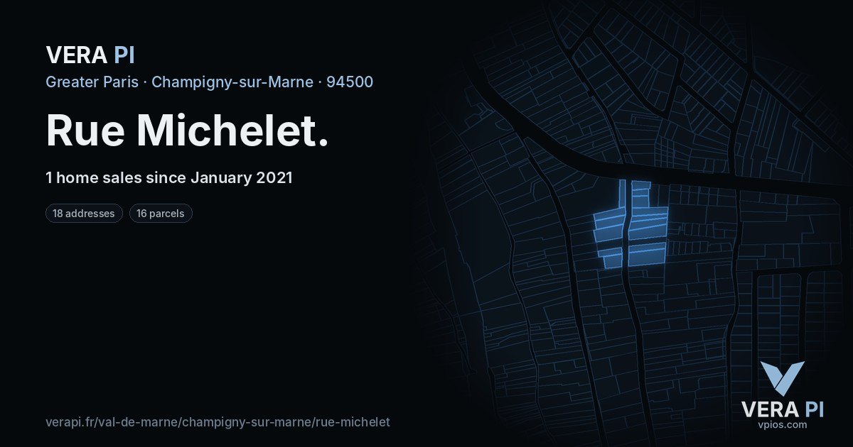 Rue Michelet, Champigny-sur-Marne at night – every parcel coloured by the prices around it, the street's own parcels lit
