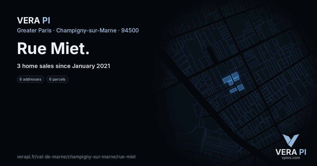 Rue Miet, Champigny-sur-Marne at night – every parcel coloured by the prices around it, the street's own parcels lit