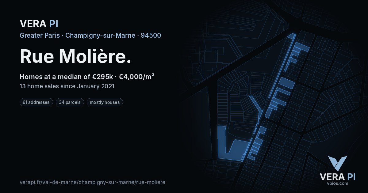 Rue Molière, Champigny-sur-Marne at night – every parcel coloured by the prices around it, the street's own parcels lit