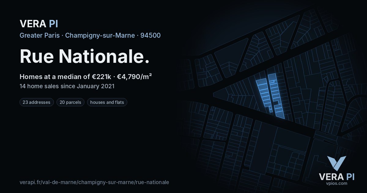 Rue Nationale, Champigny-sur-Marne at night – every parcel coloured by the prices around it, the street's own parcels lit