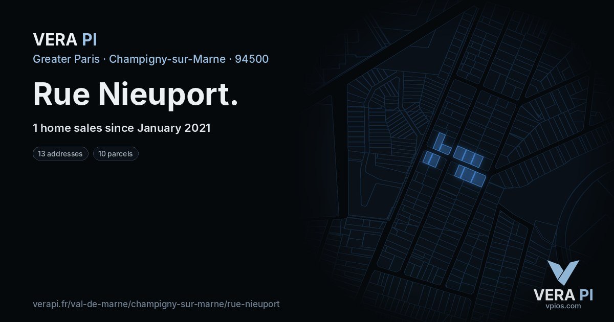 Rue Nieuport, Champigny-sur-Marne at night – every parcel coloured by the prices around it, the street's own parcels lit