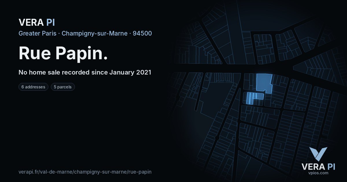 Rue Papin, Champigny-sur-Marne at night – every parcel coloured by the prices around it, the street's own parcels lit