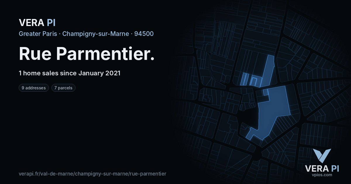 Rue Parmentier, Champigny-sur-Marne at night – every parcel coloured by the prices around it, the street's own parcels lit