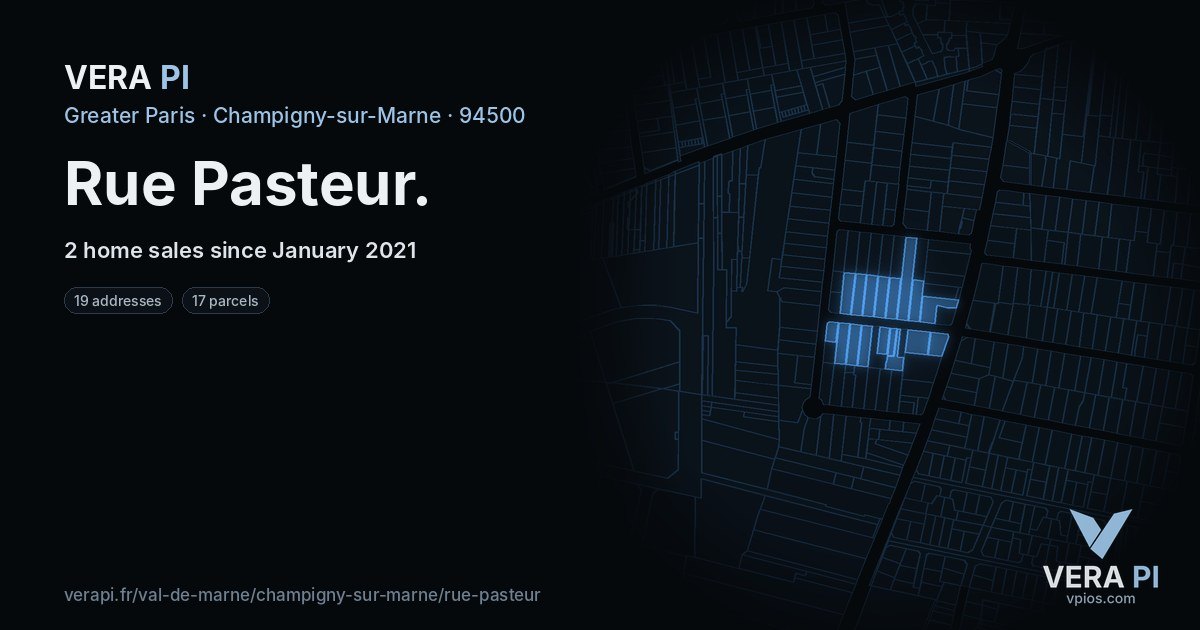 Rue Pasteur, Champigny-sur-Marne at night – every parcel coloured by the prices around it, the street's own parcels lit