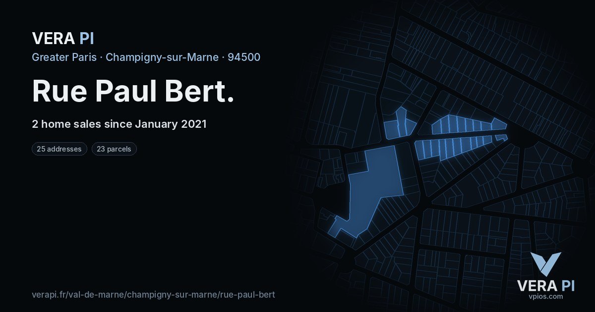 Rue Paul Bert, Champigny-sur-Marne at night – every parcel coloured by the prices around it, the street's own parcels lit