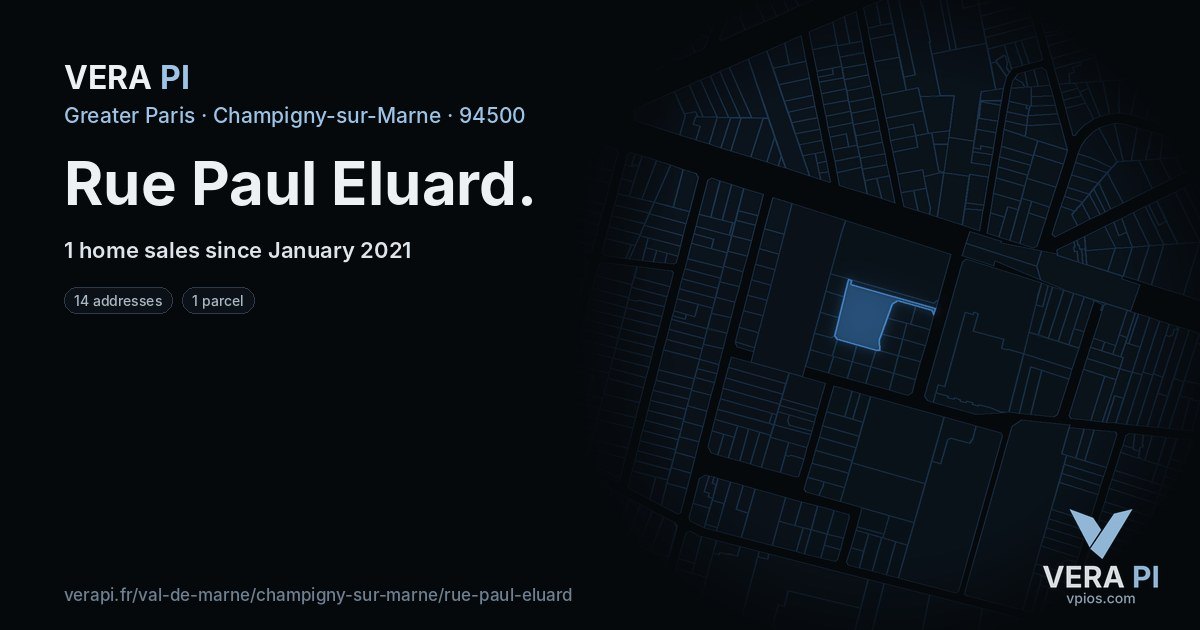 Rue Paul Eluard, Champigny-sur-Marne at night – every parcel coloured by the prices around it, the street's own parcels lit