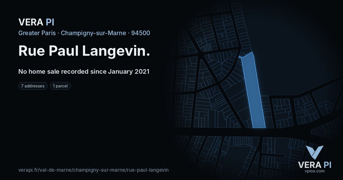 Rue Paul Langevin, Champigny-sur-Marne at night – every parcel coloured by the prices around it, the street's own parcels lit