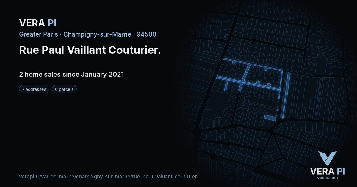 Rue Paul Vaillant Couturier, Champigny-sur-Marne at night – every parcel coloured by the prices around it, the street's own parcels lit