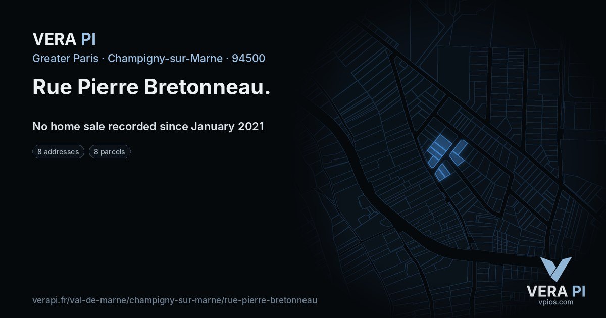 Rue Pierre Bretonneau, Champigny-sur-Marne at night – every parcel coloured by the prices around it, the street's own parcels lit